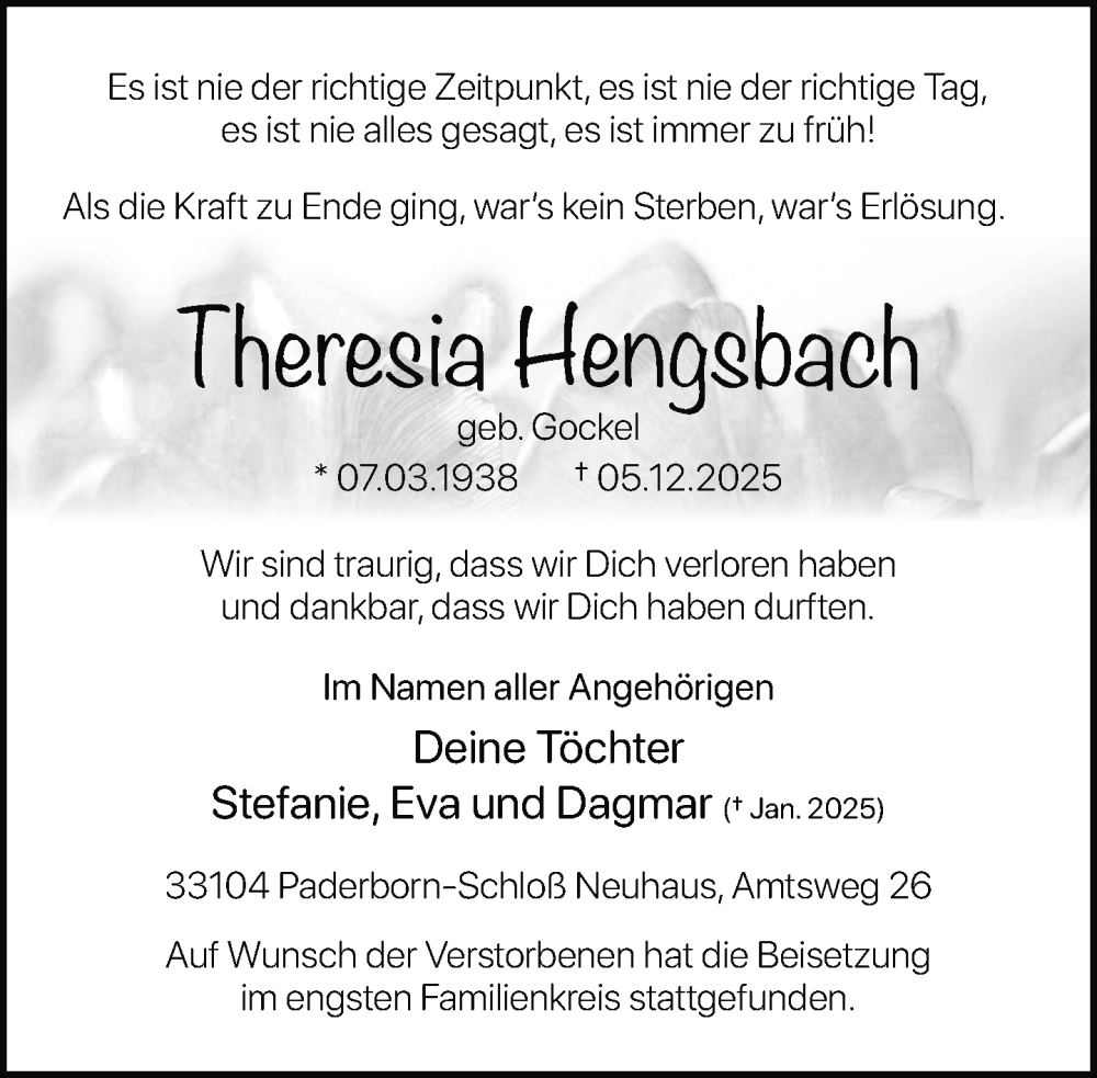  Traueranzeige für Theresia Hengsbach vom 27.12.2025 aus Neue Westfälische und Westfalen-Blatt