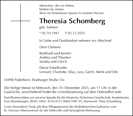 Traueranzeige von Theresia Schomberg von Neue Westfälische und Westfalen-Blatt