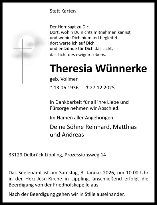 Traueranzeige von Theresia Wünnerke von Neue Westfälische und Westfalen-Blatt