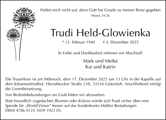 Traueranzeige von Trudi Held-Glowienka von Neue Westfälische und Westfalen-Blatt