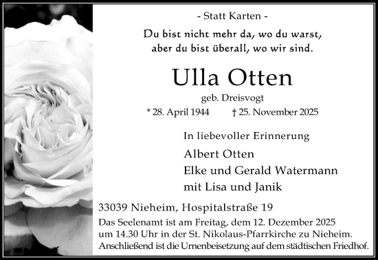 Traueranzeige von Ulla Otten von Neue Westfälische und Westfalen-Blatt