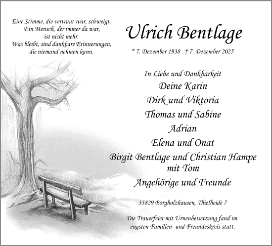 Traueranzeige von Ulrich Bentlage von Neue Westfälische und Westfalen-Blatt
