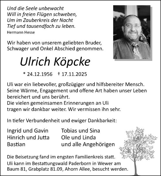 Traueranzeige von Ulrich Köpcke von Neue Westfälische und Westfalen-Blatt