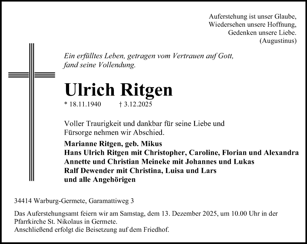  Traueranzeige für Ulrich Ritgen vom 06.12.2025 aus Neue Westfälische und Westfalen-Blatt