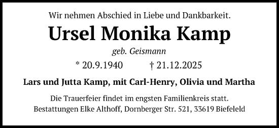 Traueranzeige von Ursel Monika Kamp von Neue Westfälische und Westfalen-Blatt