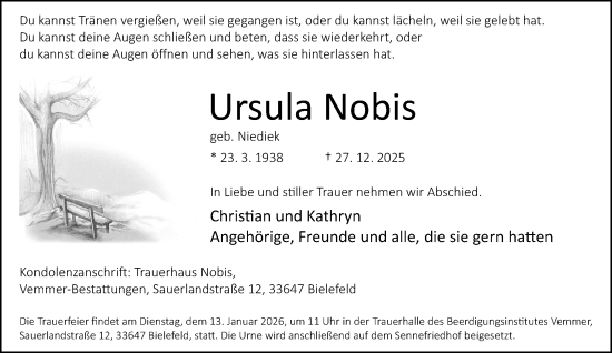 Traueranzeige von Ursula Nobis von Neue Westfälische und Westfalen-Blatt