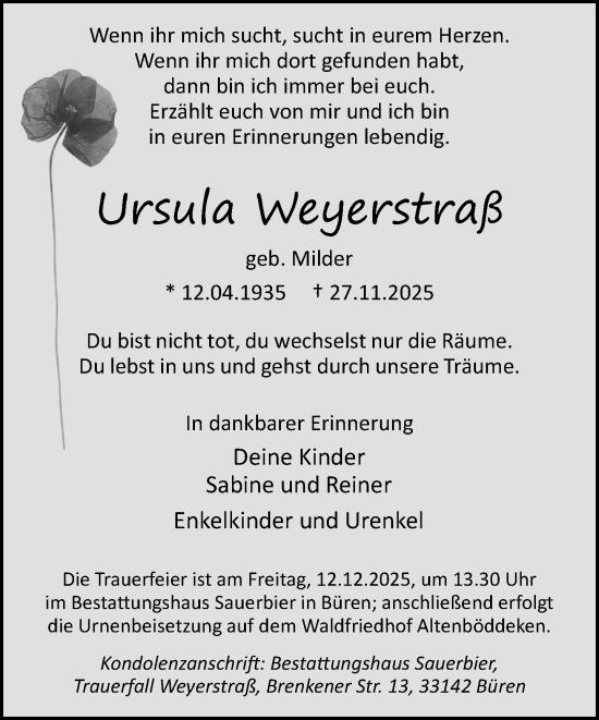 Traueranzeige von Ursula Weyerstraß von Neue Westfälische und Westfalen-Blatt