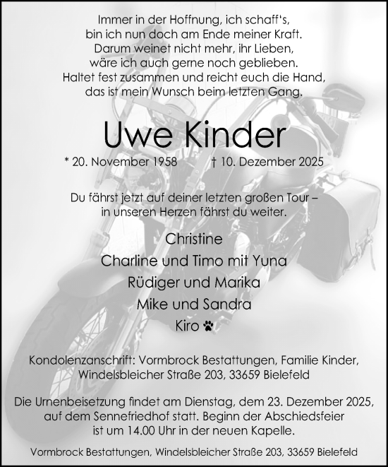 Traueranzeige von Uwe Kinder von Neue Westfälische und Westfalen-Blatt