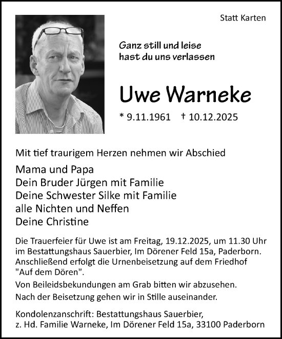 Traueranzeige von Uwe Warneke von Neue Westfälische und Westfalen-Blatt