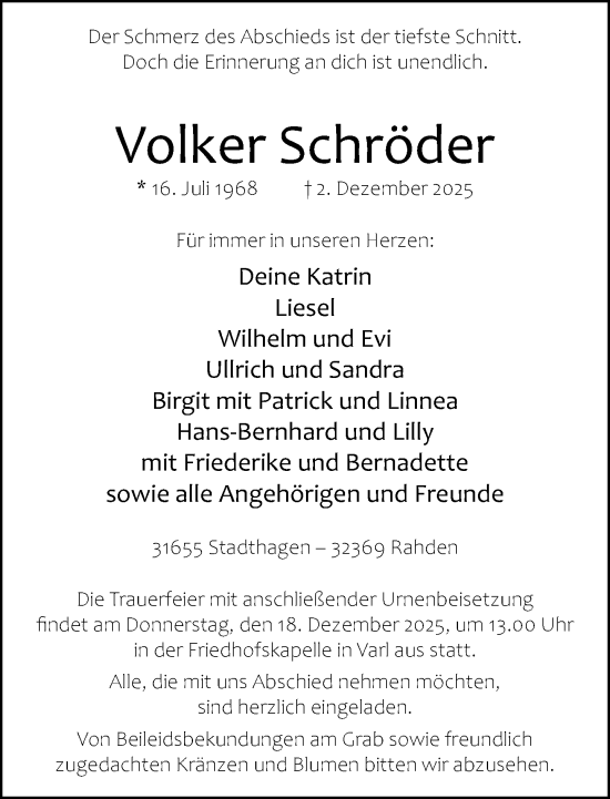 Traueranzeige von Volker Schröder von Neue Westfälische und Westfalen-Blatt