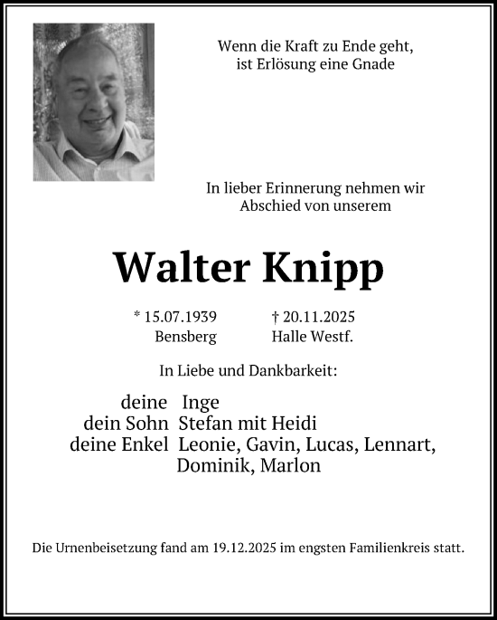 Traueranzeige von Walter Knipp von Neue Westfälische und Westfalen-Blatt