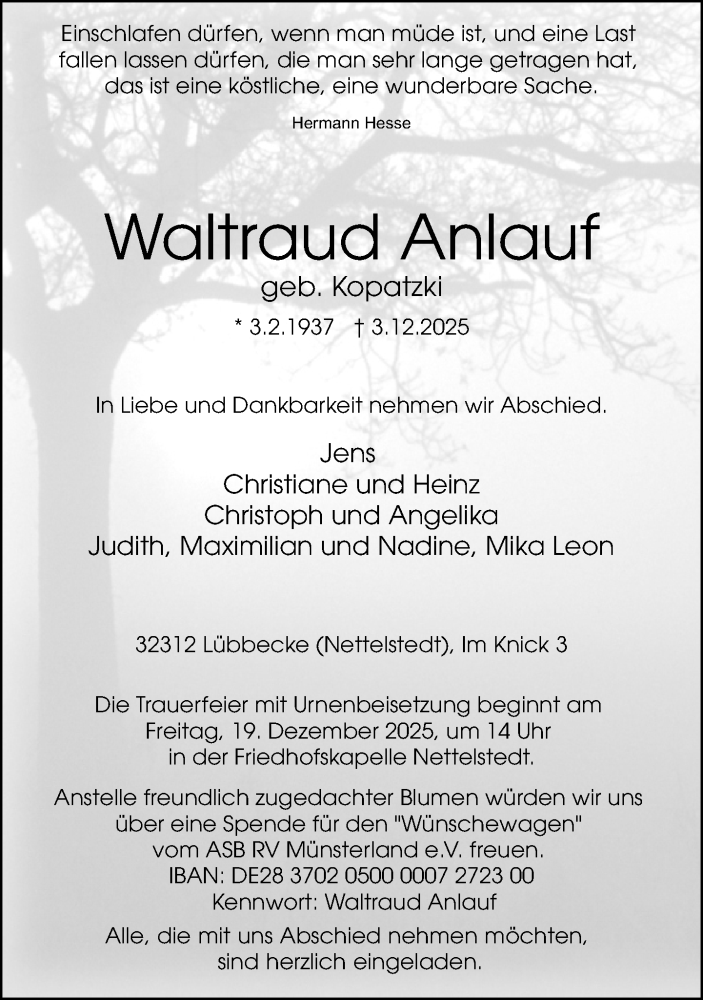  Traueranzeige für Waltraud Anlauf vom 09.12.2025 aus Neue Westfälische und Westfalen-Blatt