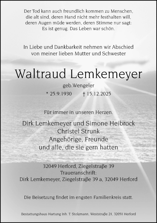 Traueranzeige von Waltraud Lemkemeyer von Neue Westfälische und Westfalen-Blatt
