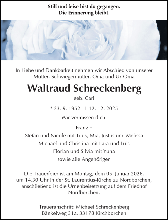 Traueranzeige von Waltraud Schreckenberg von Neue Westfälische und Westfalen-Blatt