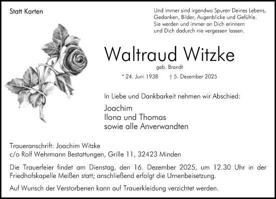 Traueranzeige von Waltraud Witzke von Neue Westfälische und Westfalen-Blatt
