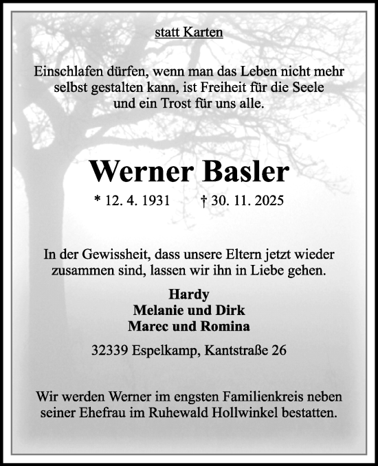 Traueranzeige von Werner Basler von Neue Westfälische und Westfalen-Blatt