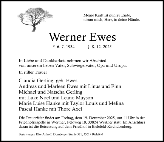 Traueranzeige von Werner Ewes von Neue Westfälische und Westfalen-Blatt