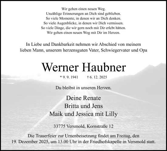 Traueranzeige von Werner Haubner von Neue Westfälische und Westfalen-Blatt