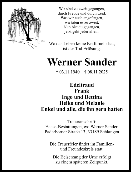 Traueranzeige von Werner Sander von Neue Westfälische und Westfalen-Blatt