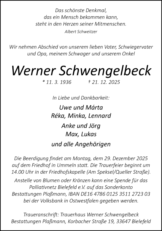 Traueranzeige von Werner Schwengelbeck von Neue Westfälische und Westfalen-Blatt