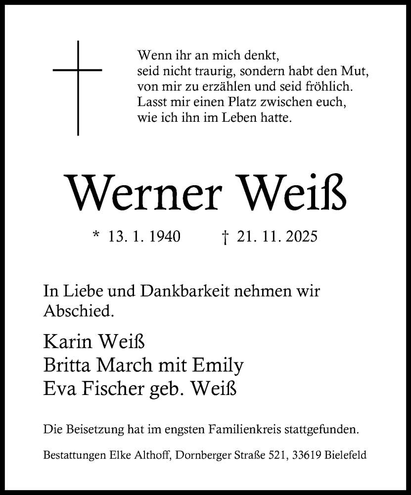  Traueranzeige für Werner Weiß vom 06.12.2025 aus Neue Westfälische und Westfalen-Blatt