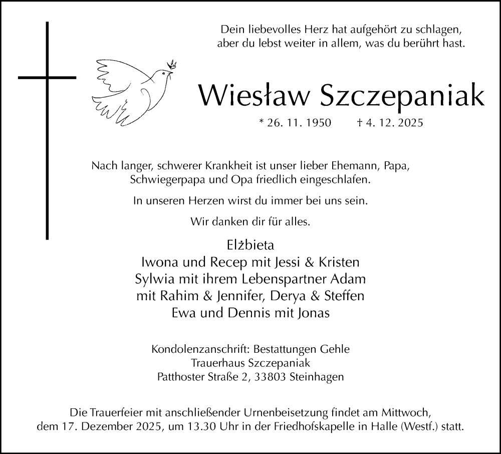  Traueranzeige für Wiesław Szczepaniak vom 13.12.2025 aus Neue Westfälische und Westfalen-Blatt
