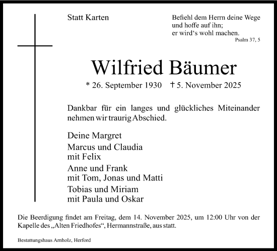 Traueranzeige von Wilfried Bäumer von Neue Westfälische und Westfalen-Blatt