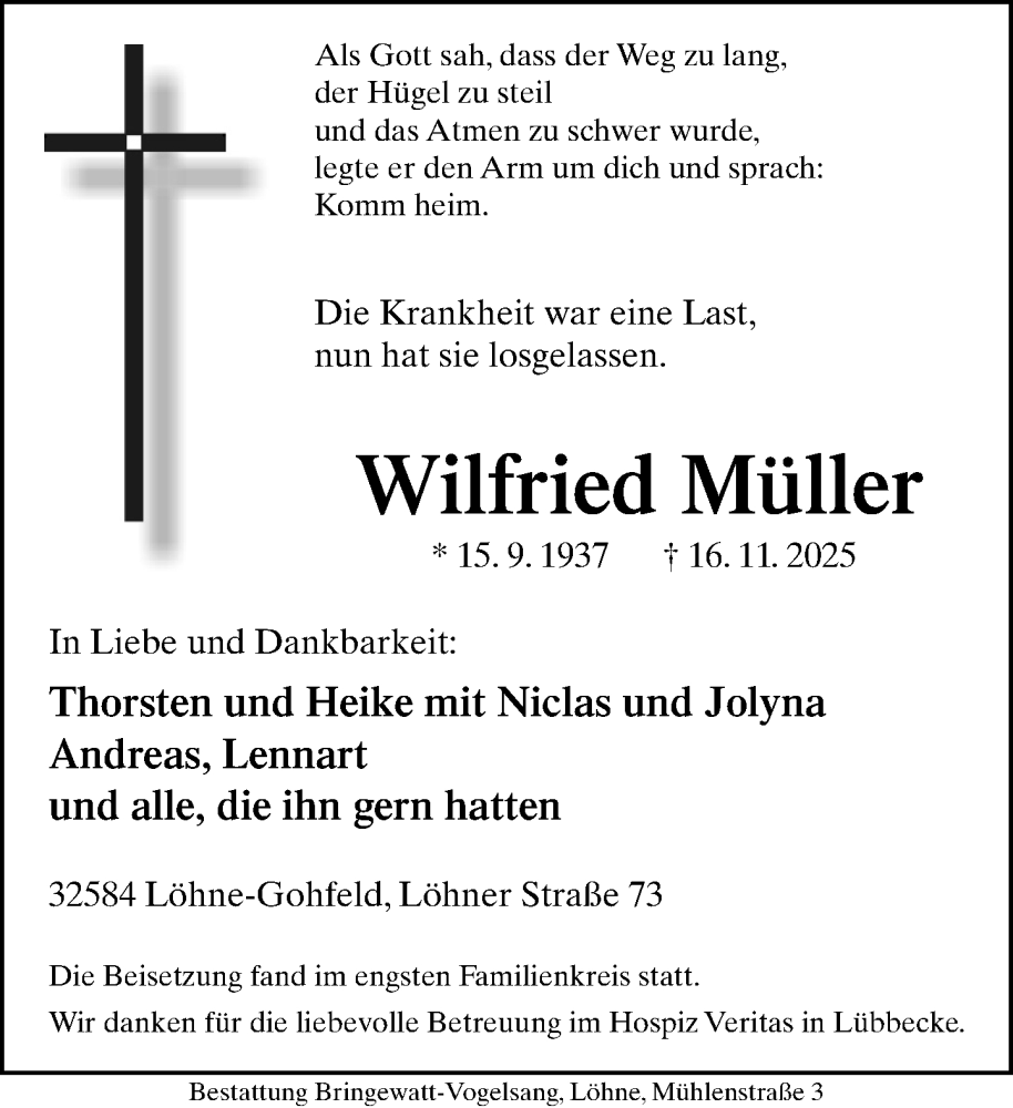  Traueranzeige für Wilfried Müller vom 06.12.2025 aus Neue Westfälische und Westfalen-Blatt