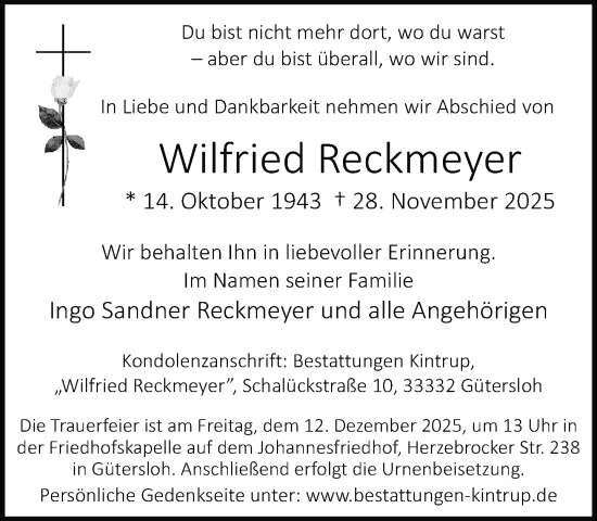 Traueranzeige von Wilfried Reckmeyer von Neue Westfälische und Westfalen-Blatt
