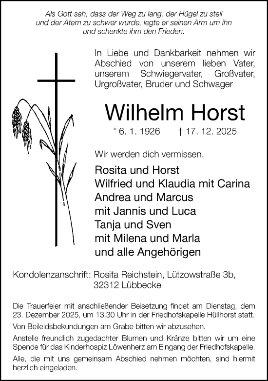 Traueranzeige von Wilhelm Horst von Neue Westfälische und Westfalen-Blatt