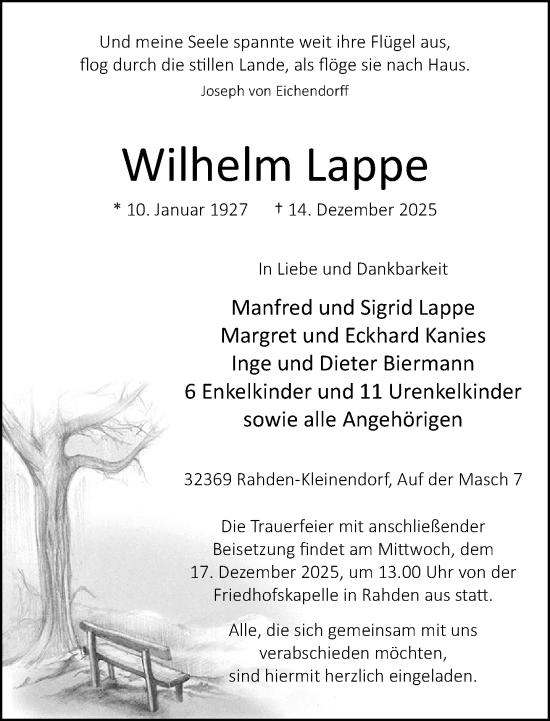 Traueranzeige von Wilhelm Lappe von Neue Westfälische und Westfalen-Blatt