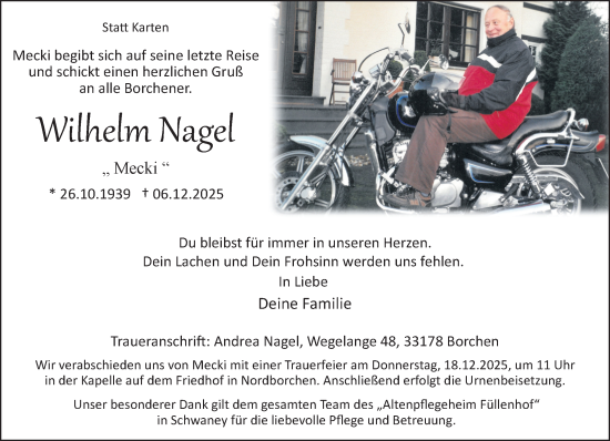 Traueranzeige von Wilhelm Nagel von Neue Westfälische und Westfalen-Blatt
