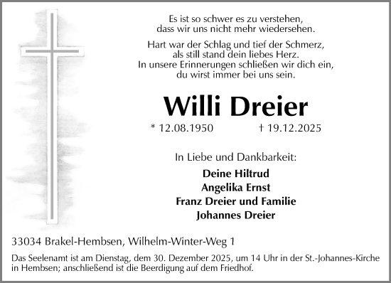 Traueranzeige von Willi Dreier von Neue Westfälische und Westfalen-Blatt