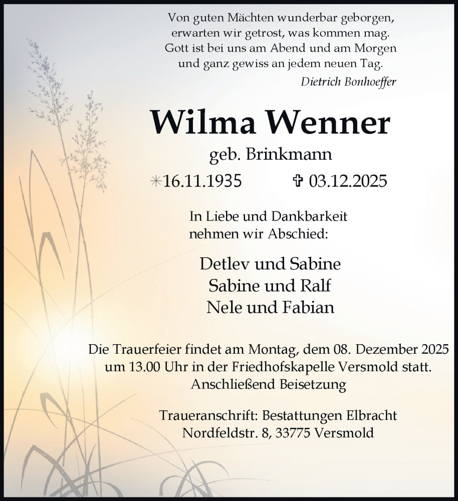  Traueranzeige für Wilma Wenner vom 05.12.2025 aus Neue Westfälische und Westfalen-Blatt