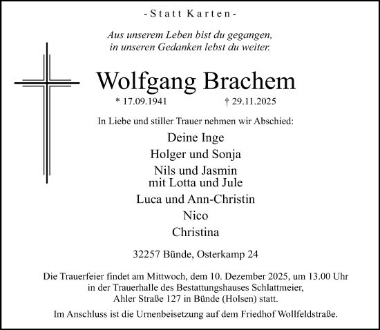Traueranzeige von Wolfgang Brachem von Neue Westfälische und Westfalen-Blatt