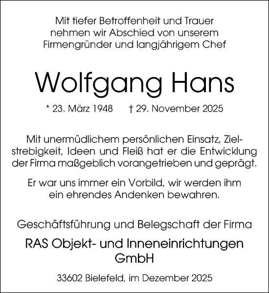 Traueranzeige von Wolfgang Hans von Neue Westfälische und Westfalen-Blatt