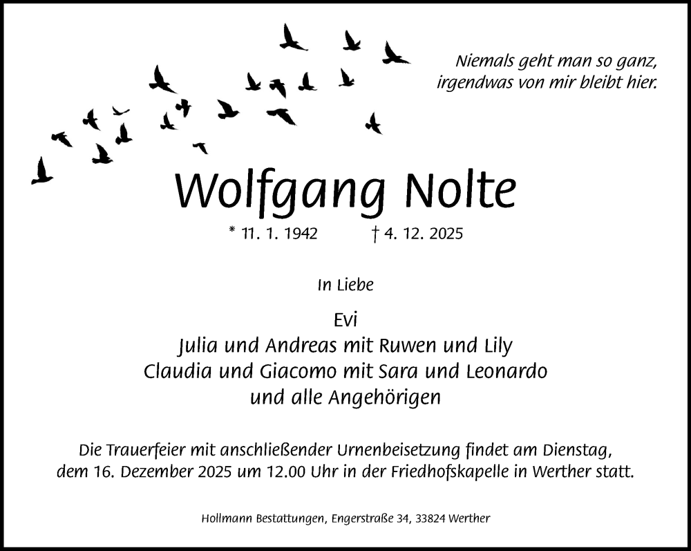  Traueranzeige für Wolfgang Nolte vom 11.12.2025 aus Neue Westfälische und Westfalen-Blatt