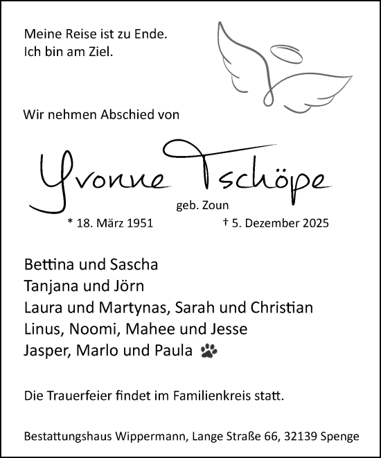 Traueranzeige von Yvonne Tschöpe von Neue Westfälische und Westfalen-Blatt