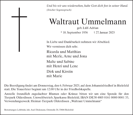 Traueranzeige von Waltraut Ummelmann von Neue Westfälische und Westfalen-Blatt