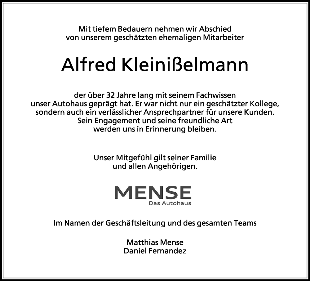  Traueranzeige für Alfred Kleinißelmann vom 22.02.2025 aus Neue Westfälische und Westfalen-Blatt