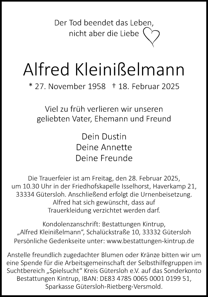  Traueranzeige für Alfred Kleinißelmann vom 22.02.2025 aus Neue Westfälische und Westfalen-Blatt