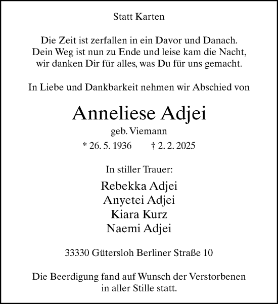 Traueranzeige von Anneliese Adjei von Neue Westfälische und Westfalen-Blatt