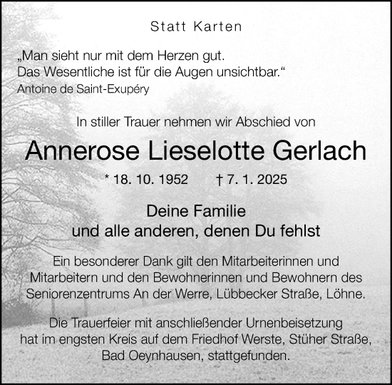 Traueranzeige von Annerose Lieselotte Gerlach von Neue Westfälische und Westfalen-Blatt