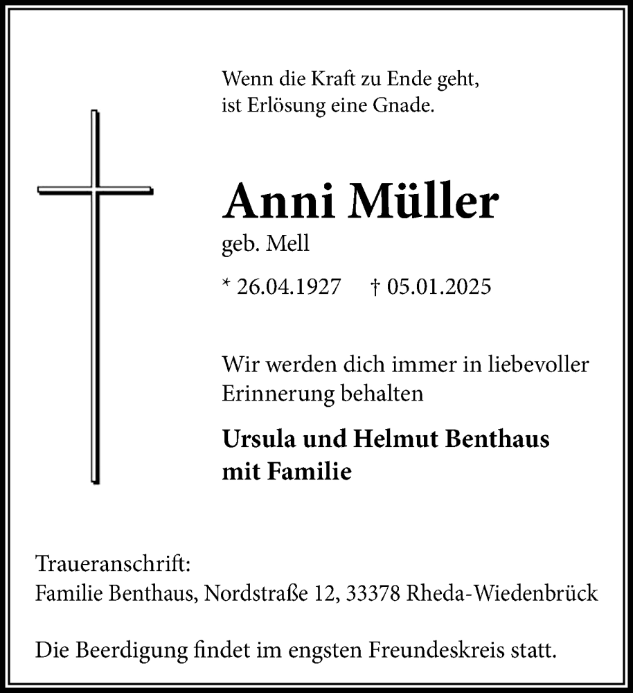  Traueranzeige für Anni Müller vom 08.02.2025 aus Neue Westfälische und Westfalen-Blatt
