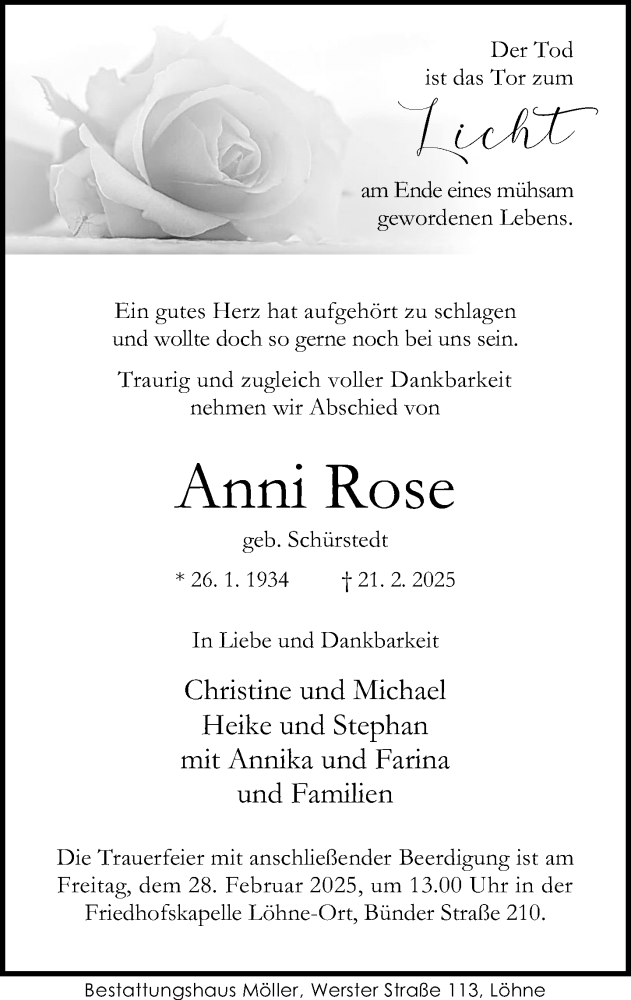  Traueranzeige für Anni Rose vom 26.02.2025 aus Neue Westfälische und Westfalen-Blatt