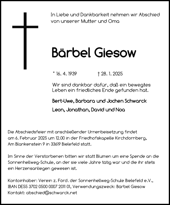 Traueranzeige von Bärbel Giesow von Neue Westfälische und Westfalen-Blatt