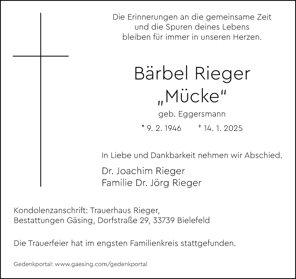  Traueranzeige für Bärbel Rieger vom 01.02.2025 aus Neue Westfälische und Westfalen-Blatt