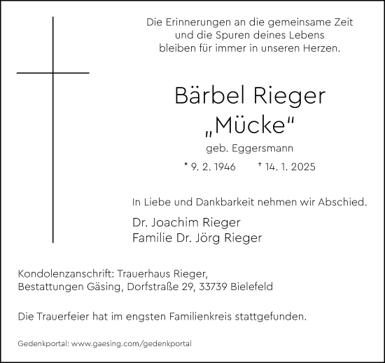 Traueranzeige von Bärbel Rieger von Neue Westfälische und Westfalen-Blatt