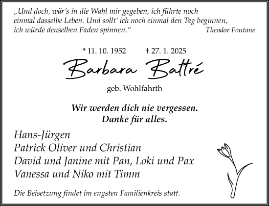 Traueranzeige von Barbara Battre von Neue Westfälische und Westfalen-Blatt