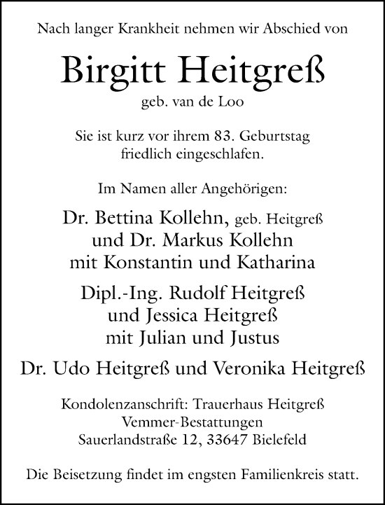 Traueranzeige von Birgitt Heitgreß von Neue Westfälische und Westfalen-Blatt